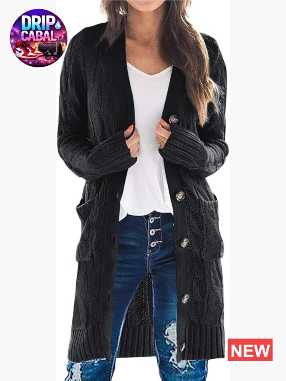 Open Front Cable Knit Cardigan with Pockets Long Sleeve Chunky Sweater